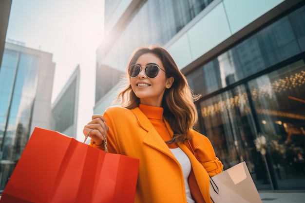 Feliz luxo mulher asiática viagens compras na cidade urbana moda vibrante estilo de vida contemporâneo