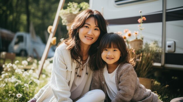 Feliz madre asiática e hija relajándose en la naturaleza con RV