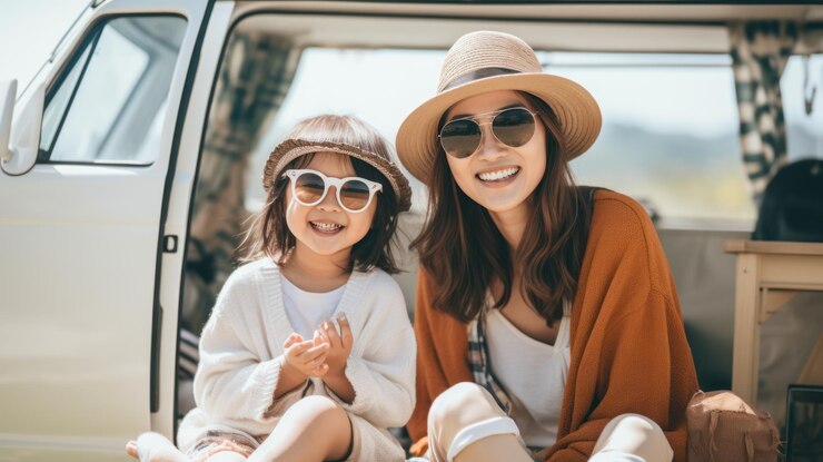 Feliz madre asiática e hija relajándose en la naturaleza con RV