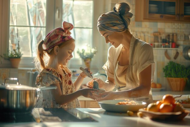 Feliz madre e hija cocinando en la cocina