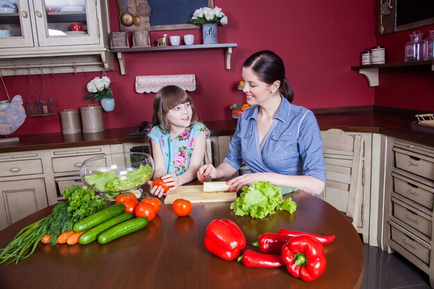 Feliz madre e hija disfrutan haciendo y comiendo juntos en su cocina una comida saludable. hacen ensalada de verduras y se divierten juntos. Mamá cuida a su hija y le enseña a cocinar.