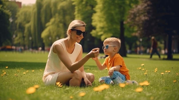 Una feliz madre e hijo disfrutan de un agradable día en el parque IA generativa