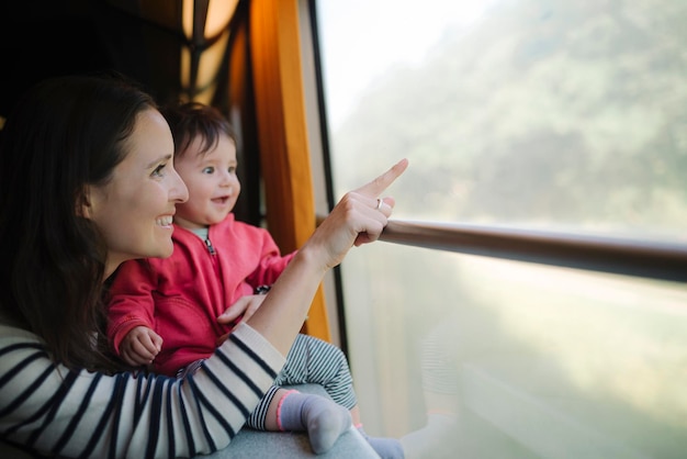 Feliz madre y niña viajando en tren mirando por la ventana