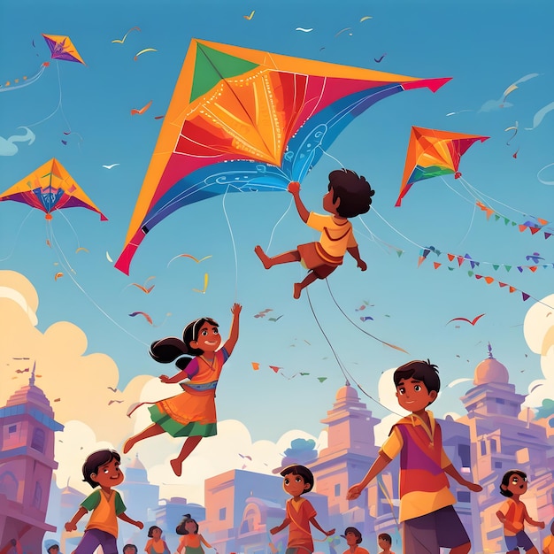 Feliz Makar Sankranti con una cuerda de cometas colorida para el festival de la India