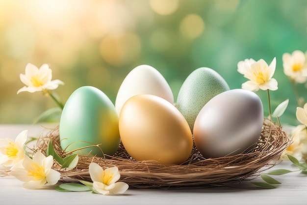 Feliz maqueta de tarjeta de felicitación navideña con flores bokeh claras y huevos de colores