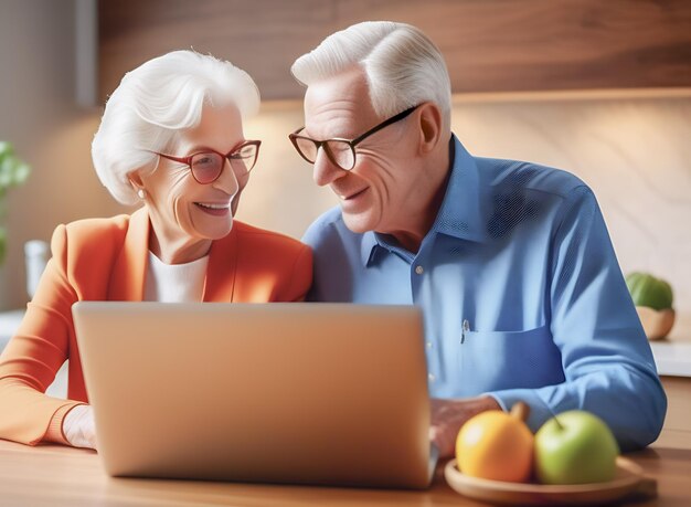 Un feliz matrimonio de pensionistas de pelo gris se comunica a través de Internet con sus hijos utilizando un ordenador portátil