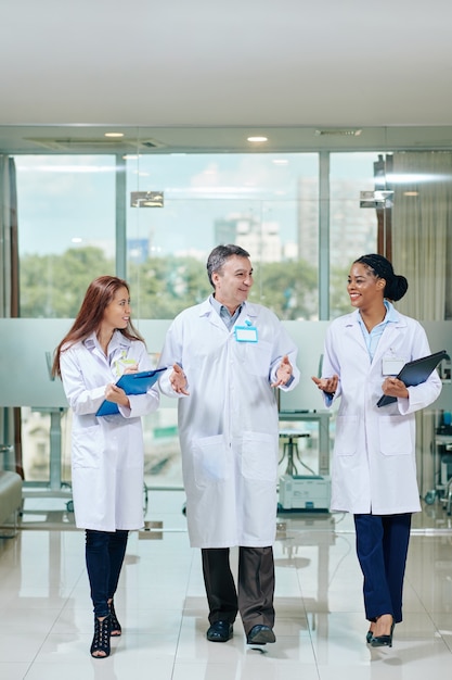 Feliz médico maduro caminando por el corredor de la clínica y hablando con jóvenes pasantes sonrientes