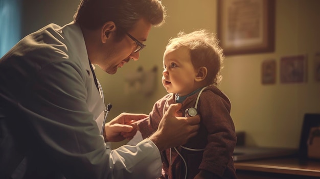 feliz médico o pediatra con bebé en la clínica