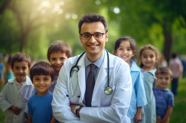 Feliz médico pediatra amigável com crianças