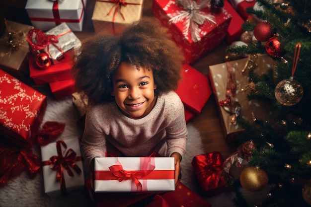 Feliz menina afro-americana sorridente com caixas de presentes de Natal no chão