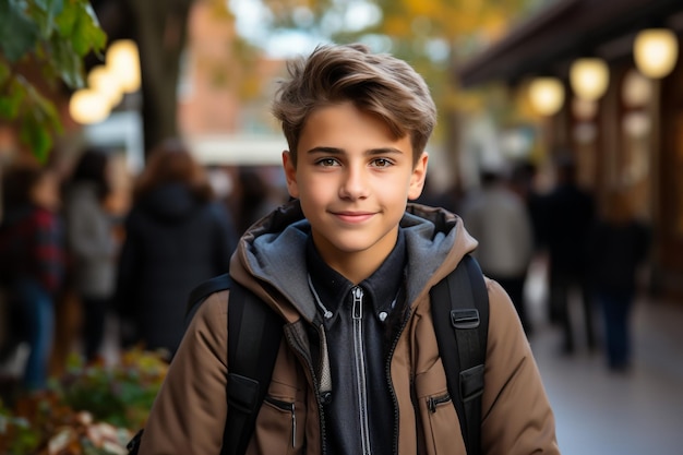 Feliz menino bonito e inteligente com um penteado elegante com uma bolsa de escola e cadernos em sua mão no str