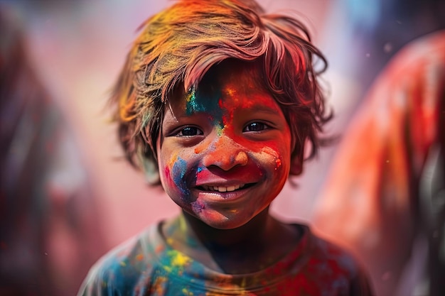 Feliz menino indiano comemora o colorido festival de Holi na Índia Generative Ai