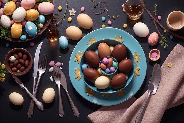 Feliz mesa de Pascua para las vacaciones de Pascua huevos de chocolate de Pascua y cubiertos en fondo oscuro vista superior plana