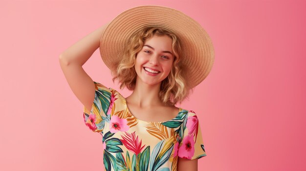 Una feliz modelo de la Generación Z en un vestido de verano con un fondo rosa pastel sosteniendo un sombrero de paja