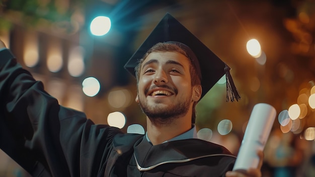 Foto feliz morena bonita caucasiana menino de formatura está sorrindo desfocado colegas de classe estão atrás ele está em uma placa de argamassa preta com borda vermelha em vestido com bom cabelo castanho enrolado diploma na mão