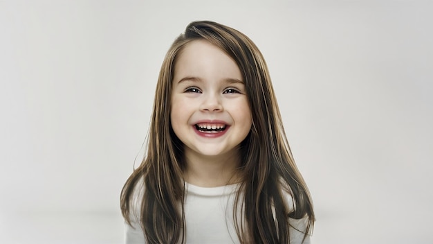 Feliz morena de cabelos longos pequena garota isolada em fundo de estúdio branco parece feliz alegre sincero