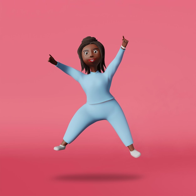 Feliz, motivada, inspirada, afroamericana, joven, 3D, interpretación, carácter, multirracial, enérgico, diverso, negro, niña, saltar, encima, fondo rosa, idea creativa, crecimiento personal, desarrollo, solución