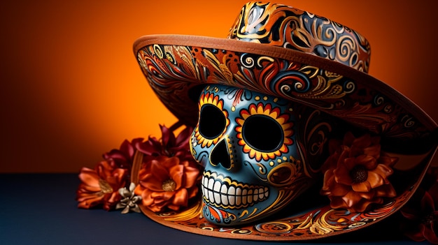 feliz muertos chapéu tradicional mexicano com crânio laranja em fundo laranja