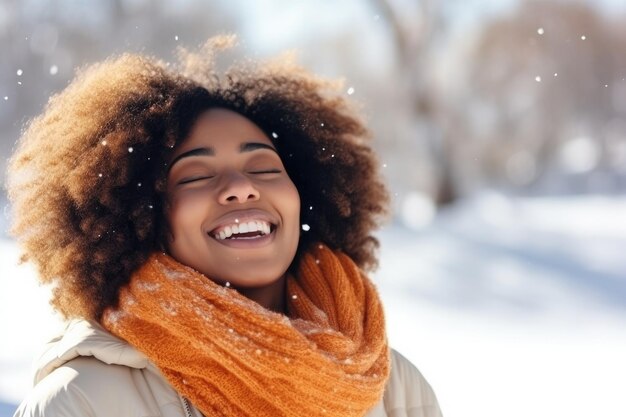 feliz mujer africana sonriente cerró los ojos en la nieve disfrutando de los momentos