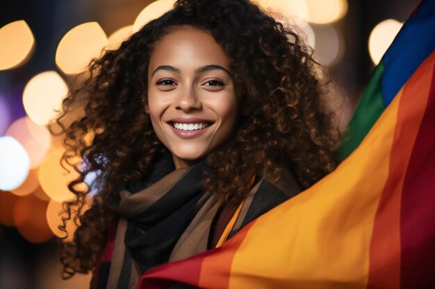 Feliz mujer afroamericana con bandera arco iris en la ciudad por la noche