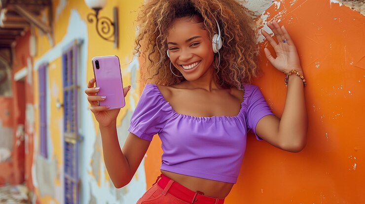 Una feliz mujer afroamericana con cabello afro con auriculares blancos y usando su teléfono celular