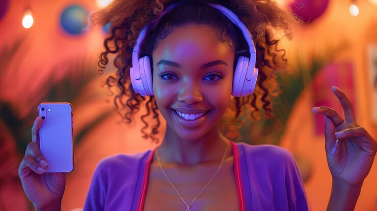 Una feliz mujer afroamericana con cabello afro con auriculares blancos