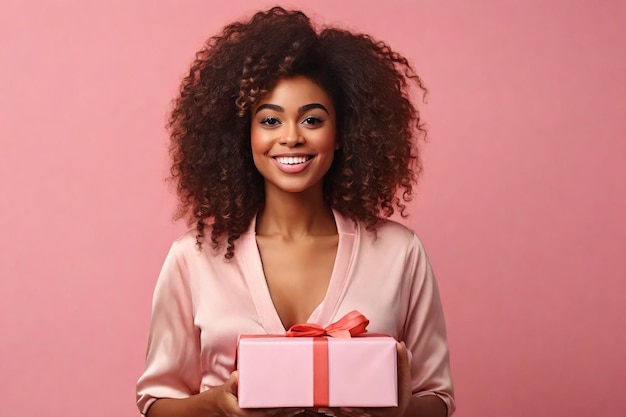 Feliz mujer afroamericana con caja de regalos en fondo rosa