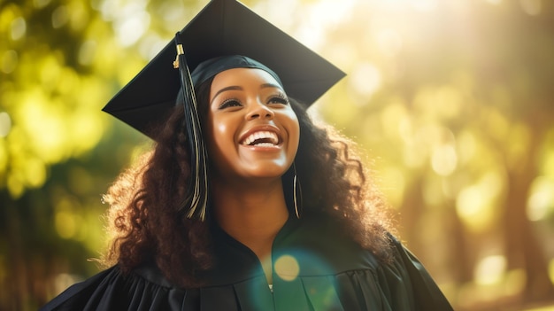 Una feliz mujer afroamericana se está graduando.