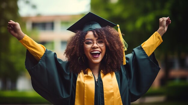 Una feliz mujer afroamericana se está graduando.