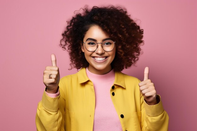 Foto feliz mujer afroamericana con gafas mostrando los pulgares hacia arriba aislados en rosa