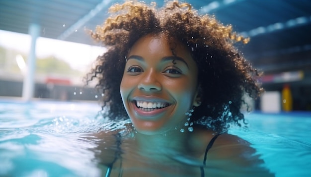 Feliz mujer afroamericana negra nadando bajo el agua