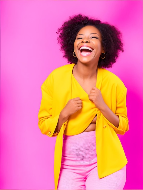 Feliz mujer afroamericana optimista con ropa rosa colorida riéndose aislada en centrico amarillo
