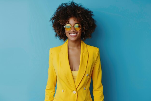 Foto una feliz mujer afroamericana en traje amarillo hace un guiño a la cámara.