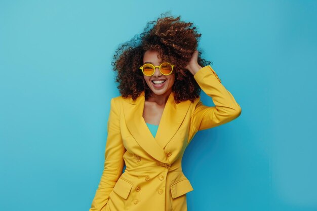 Foto una feliz mujer afroamericana en traje amarillo hace un guiño a la cámara.