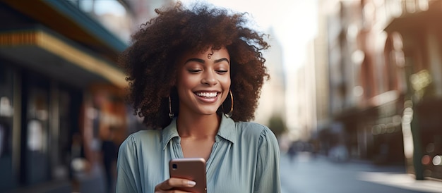 Feliz mujer afroamericana en vestido paseando por la ciudad dirigiendo en el espacio en blanco amoroso viajes filmando con teléfono al aire libre Comunicando blogs y video c