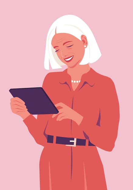 Feliz mujer anciana planeando el día con una tableta Ilustración plana vectorial