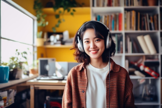 una feliz mujer asiática con auriculares en el fondo de los estantes con equipos de música en la habitación