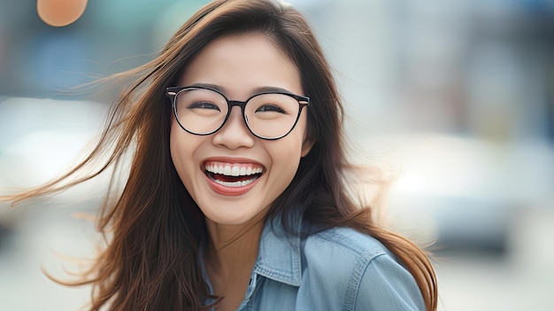 Feliz mujer asiática satisfecha con gafas retrato fuera de Generative Ai