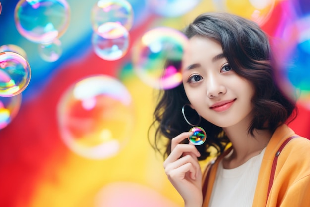 Foto feliz mujer asiática sonriente en fondo colorido con globo de jabón arco iris con gradiente