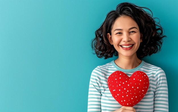 Feliz mujer asiática sonriente sostiene almohada en forma de corazón roja concepto de día de la madre espacio de copia