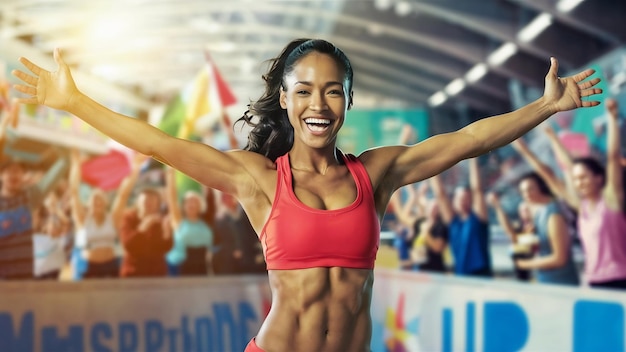 Feliz mujer atlética sonriente con los brazos extendidos