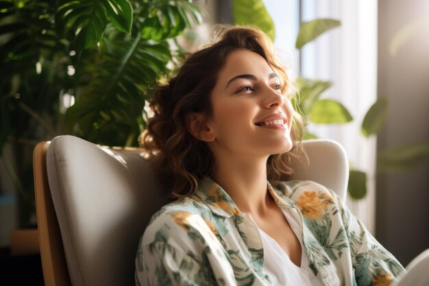 Feliz mujer caucásica del milenio sentada en una cómoda silla en el diseño del hogar relajándose