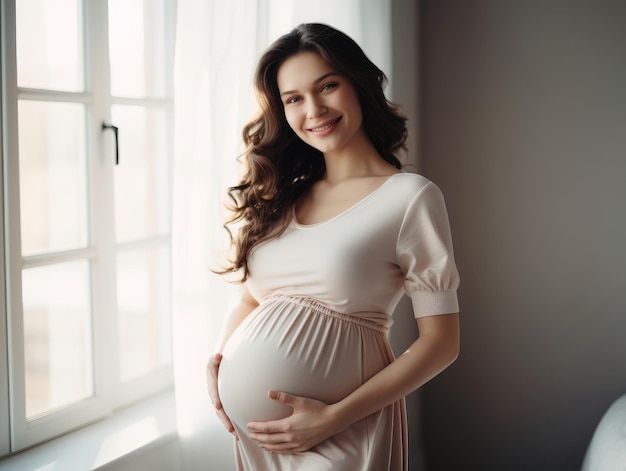 Feliz mujer embarazada tocando su vientre