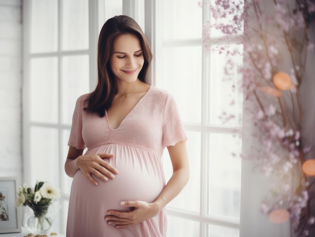 Feliz mujer embarazada tocando su vientre