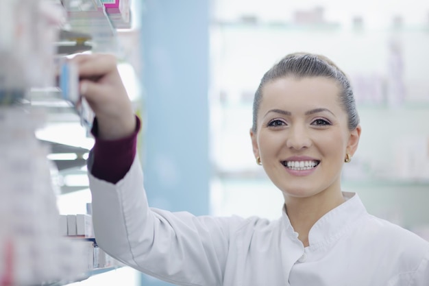 Feliz mujer farmacéutica alegre farmacéutica de pie en la farmacia farmacia