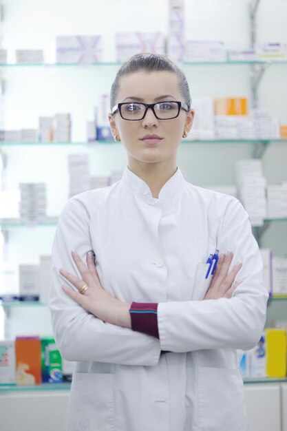 Foto feliz mujer farmacéutica alegre farmacéutica de pie en la farmacia farmacia