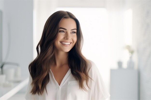 Feliz mujer hermosa con el cabello largo moreno después de la terapia de cosmetología sonriendo al espejo en blanco