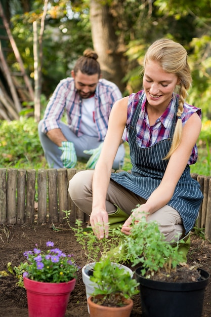 Feliz mujer jardinero planta en el jardín