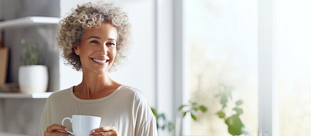 Feliz mujer de mediana edad saboreando el café matutino en casa junto a la ventana de la cocina con una sonrisa desayunando