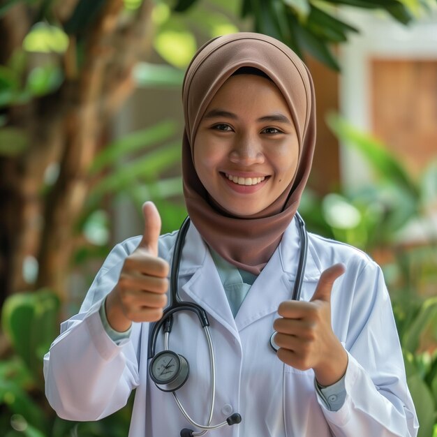 una feliz mujer musulmana indonesia con traje de enfermera y dando pulgares hacia arriba